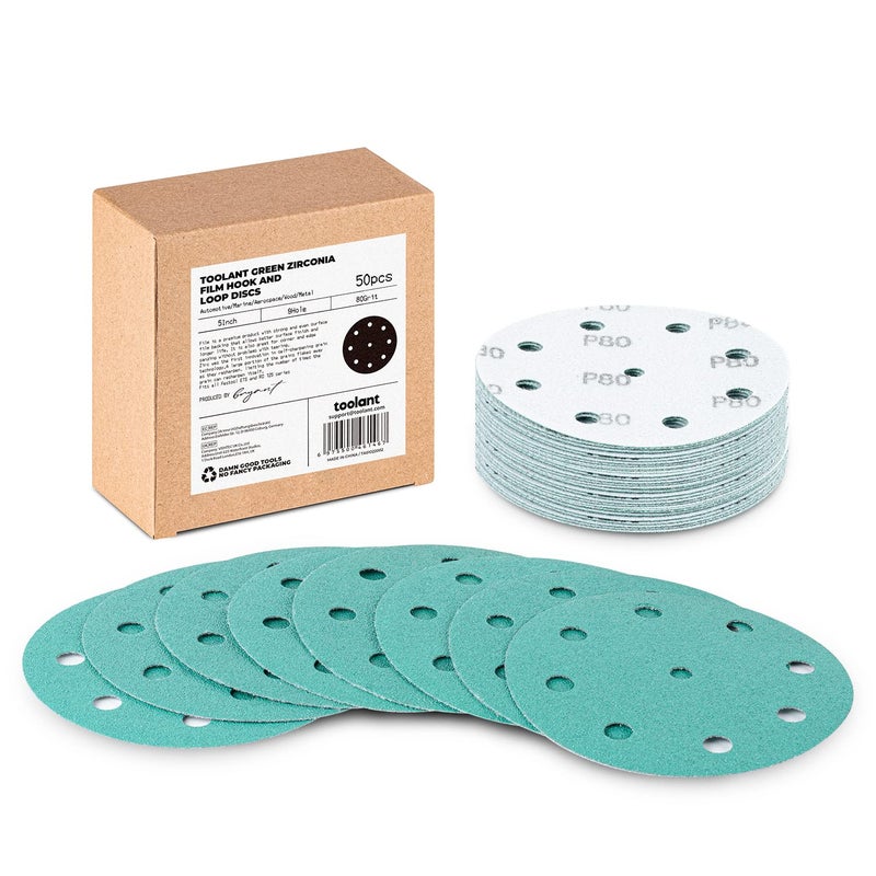 toolant 5 Inch 9 Hole 80 Grit Sanding Disc, Hook and Loop Film Backing Sanding Discs Compatible with Festool Sanders by - 50 Pack - Image 1